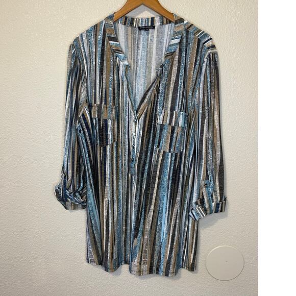 Ava & Grace Boho Retro Brown & Blue Striped Roll Tab Sleeve Half Button Top 1X - Picture 9 of 11